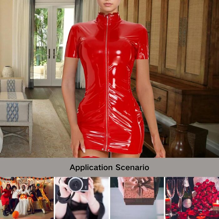 Міні-сукня з еластичної шкіри з блискавкою Wet Look, Babydoll, обтисла, з короткими рукавами, червона (L)