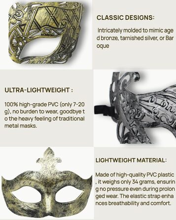 Маска для чоловіків у венеціанському стилі Vintage, ідеальна для вечірок, Хелловіну, балів та карнавалів