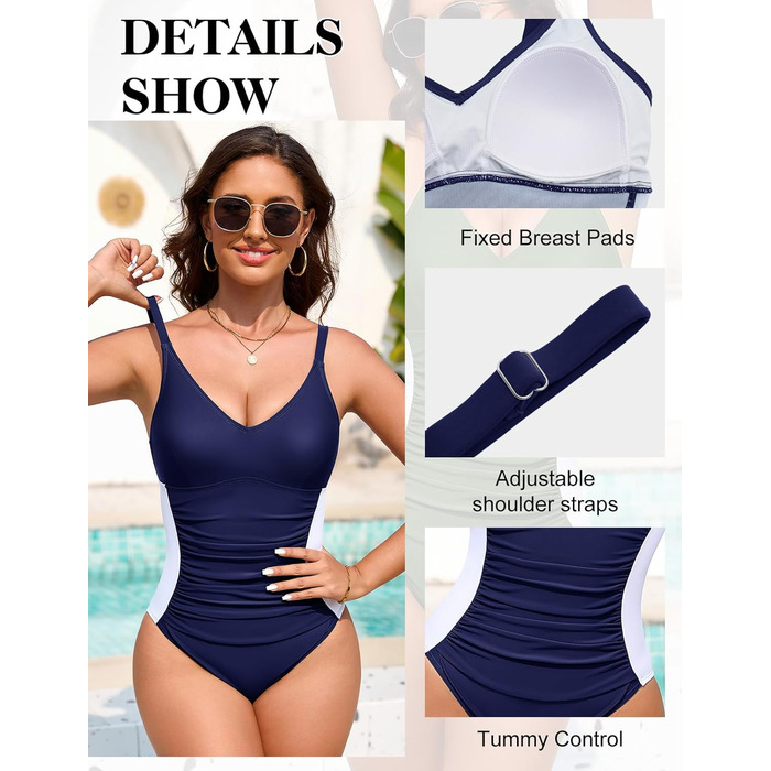 Зручний купальник для жінок Badeanzug Damen: фігуроформний, з V-подібним вирізом, підтримуючими бретелями та боковими шнуруванням (Морська синя, L)