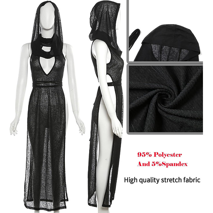 Жіноче прозоре готичне плаття Aucute з капюшоном та без рукавів, чорне, для Хелловіну, фестивалів EDM/Rave