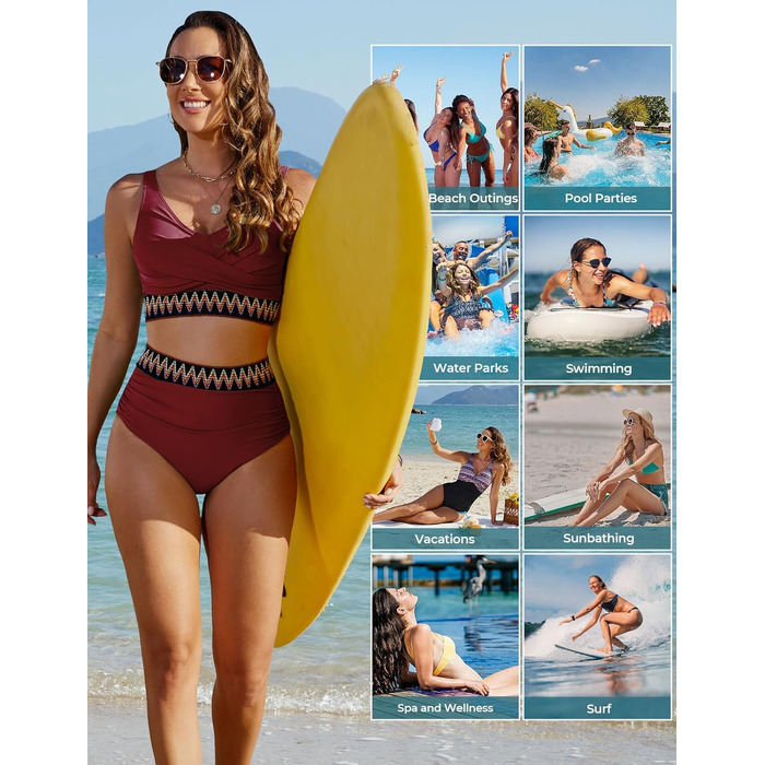 Бікіні жіночий комплект з високою талією, суцільний купальник двочастинний, сексуальний V-подібний виріз, push-up, кольоровий смугастий, великі розміри, пляжний, басейн, бордовий