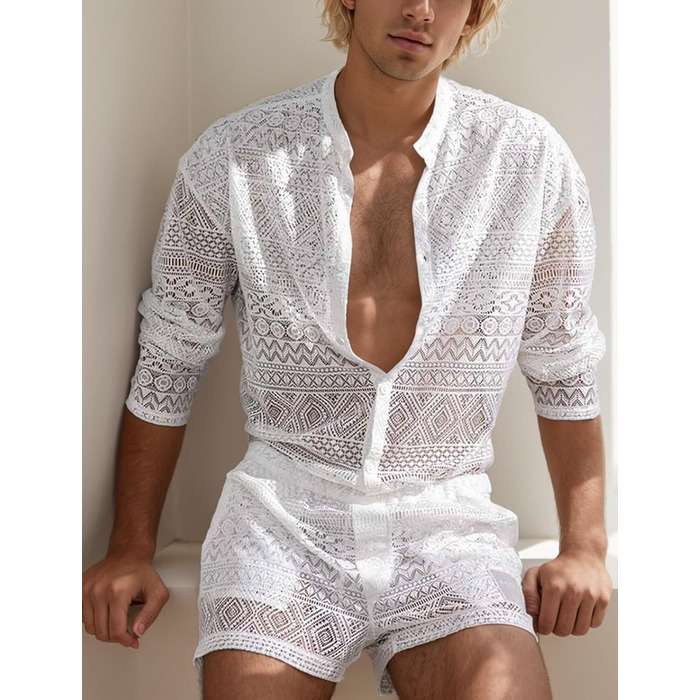Panegy Комплект чоловічий: мереживчата шорти та сорочка з прозорої сітки, на ґудзиках, білий (S)