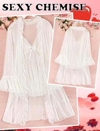 Жіночий комплект нижньої білизни AIEOE: мереживний халат-комбінезон з babydoll та нічна сорочка (білий, L)
