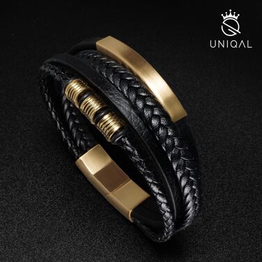 Шкіряний браслет чоловічий UNIQAL 'BLACK SHAPE' із нержавіючої сталі та натуральної шкіри, золотий, 19 см (у подарунковій коробці)