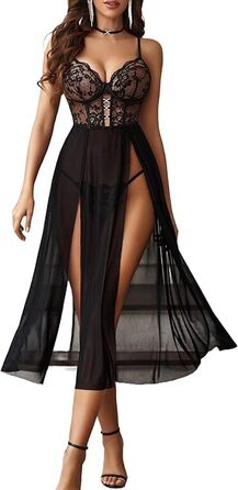 Avidlove Сексуальна спідня білизна для жінок: комплект з мережива, мереживна нічна сорочка-бабочка, корсет, нічне вбрання з боковим розрізом, XL, чорний