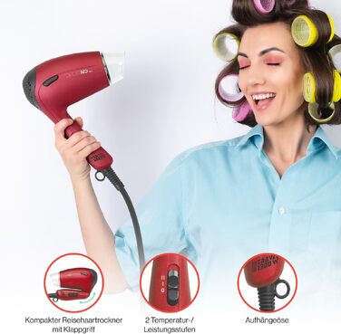Складаний дорожній фен Clatronic HTD 3429, 1200 Вт, 2 режими температури, з дифузором та сумкою, перемикач напруги 110/230В, червоний