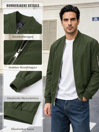 Чоловіча куртка-бомбер TACVASEN Windbreaker, водовідштовхуюча демісезонна куртка, армійний зелений, розмір S
