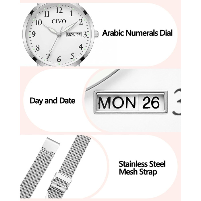 Жіночий аналоговий наручний годинник CIVO з великими цифрами, календарем (дата та день), світлодіодними стрілками, водонепроникний, сріблястий сталевий ремінець Mesh — елегантний подарунок для жінок та літніх людей