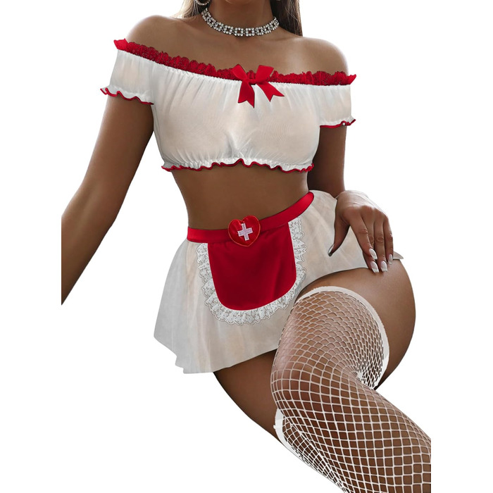 Сексуальний комплект нижньої білизни Foxiny: мереживний костюм, танга, 4 шт. (червоний/білий, S)