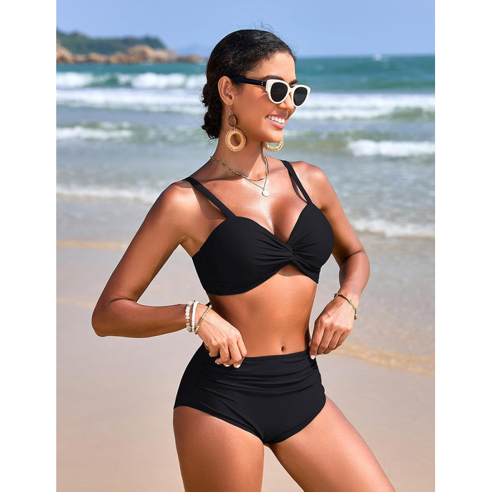 БІКІНІ жіночий комплект з високою талією, шорти з животом, пуш-ап, двочастинний купальник, сексуальний V-подібний виріз, модна пляжна мода, чорний