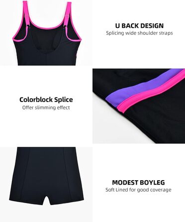 Спортивний купальник для жінок, цілісний, Racerback/U-Back, Body Shaping, чорний/рожевий, розмір 46