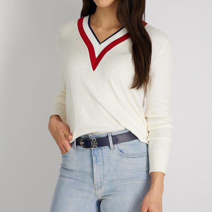Двосторонній шкіряний ремінь Tommy Hilfiger для чоловіків Casual (розмір M, темно-синій/червоний) з сріблястою пряжкою