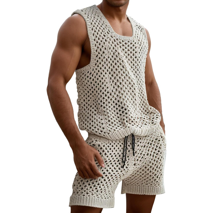 Костюм мереживний чоловічий AIEOE 2-кількісний, футболка та шорти, сітка, колір бежевий, розміри M-3XL