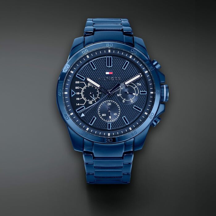 Чоловічий годинник Tommy Hilfiger аналоговий багатофункціональний кварцовий зі сталевим ремінцем, водонепроникність 5ATM (Синій, Stainless Steel)