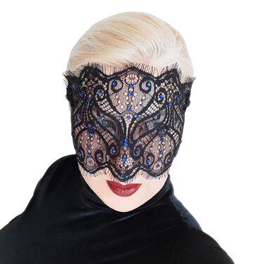 Чорна мереживна маска для жінок з кристалами - елегантна венеціанська маска для карнавалу, вечірки в готичному стилі, косплею та особливих подій - ручна робота (чорний колір з блакитними стразами)