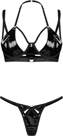Сексуальний жіночий комплект нижньої білизни Selente Love & Fun 4-5 частин: бюстгальтер, корсетний пояс, стрінги, мереживні панчохи та шовкова маска для очей, чорний, ефект латексу, Made in EU, S-M