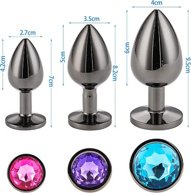 Набір анальних пробок 3 шт. з металу (Gunmetal) – велика, середня, мала. Підходить для початківців, жінок, чоловіків, пар. Кольори: синій, фіолетовий, рожевий. Іграшки для дорослих.