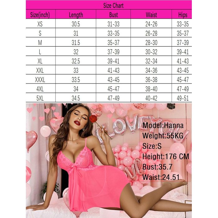 Жіноча нічна сорочка Avidove з мереживом, babydoll, boudoir, великі розміри XS-5X (неоновий рожевий, L)