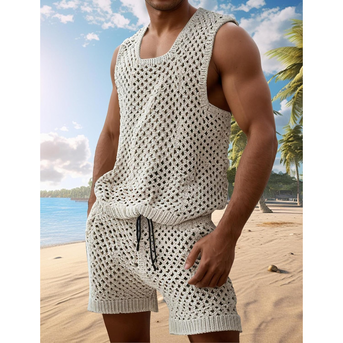 Костюм мереживний чоловічий AIEOE 2-кількісний, футболка та шорти, сітка, колір бежевий, розміри M-3XL