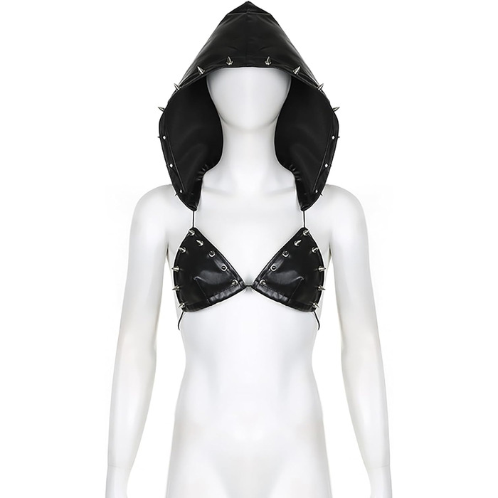 Топ FlyCC Rave з PU шкіри для жінок, вечірка, танець, бралетт, ремінці, кроп-топ, бюстгальтер, костюм для музичного фестивалю, чорний A (L, Чорний (B))