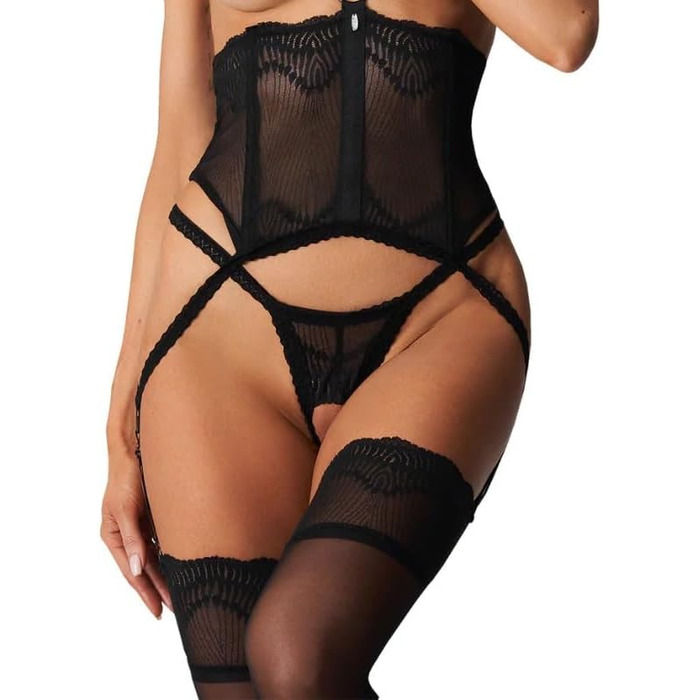 Сексуальний жіночий комплект нижньої білизни Selente Love & Fun: корсет, стрінги та шовкова маска для очей, виготовлено в ЄС. Червоний бюстгальтер з кісточками (L-XL, чорний з відкритим декольте)