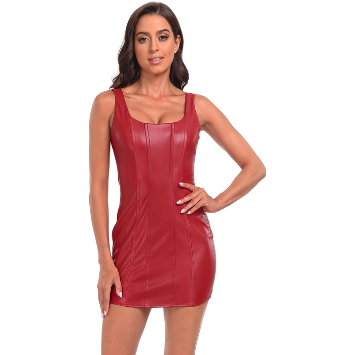 Міні-сукня з екошкіри з квадратним вирізом, червона, для вечірок та клубів (L)