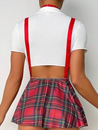 Жіночий комплект нижньої білизни JFAN: ролеплеї, мініспідниця, червоний в клітинку