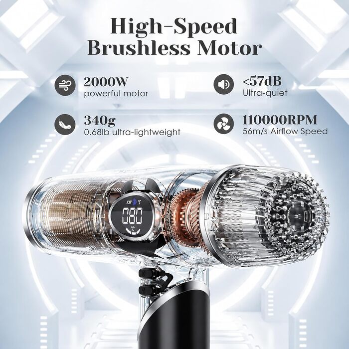 Іонний фен Slopehill 2000W з безщітковим мотором, 110 000 об/хв, LCD-дисплеєм та 3 магнітними дифузорами, складаний дорожній фен, чорний