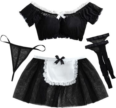 Сексуальна білизна Aranmei для жінок: мереживний комплект, прозорий, для косплею, 4 предмети (з панчохами), чорний, XXL