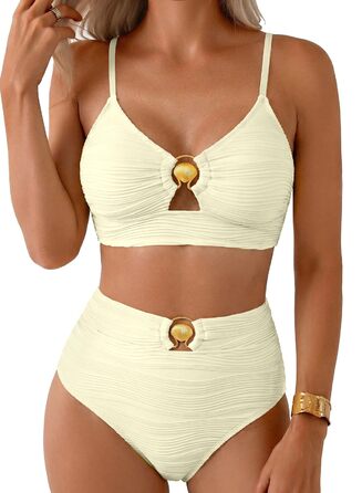 Бікіні-сет Herseas 2 шт. з металевим вирізом, висока талія, структурований, 2025, для літа, пляжу, бежевий