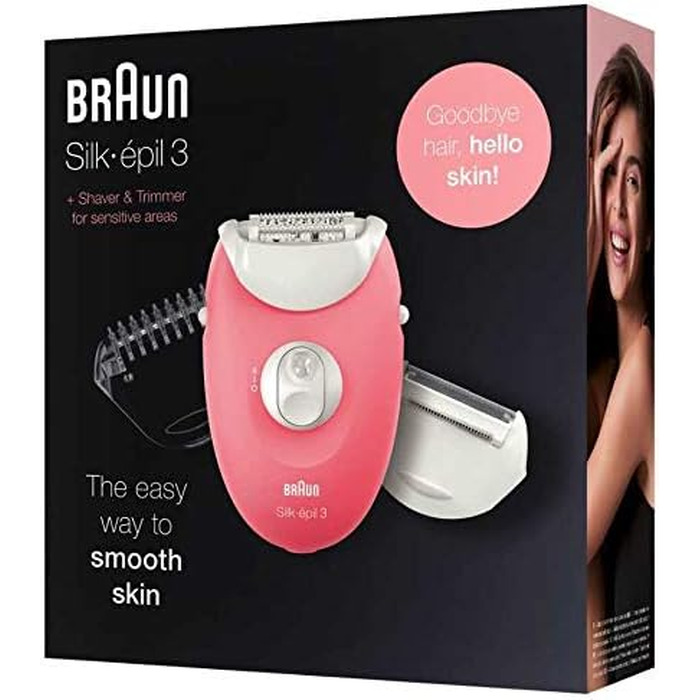 Епілятор Braun Silk-épil 3 Beauty-Set 3-440 для жінок, набір для депіляції з тримером, бритвою та масажером, фламінго/білий