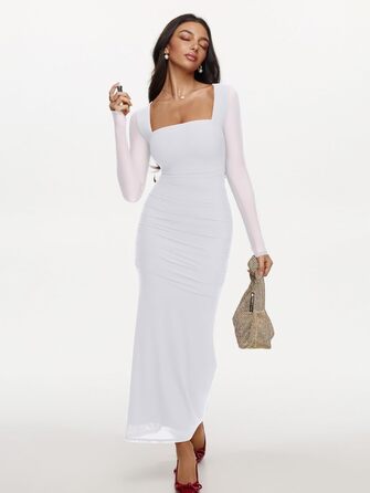 REORIA Максі-сукня для гостей на весілля: довга, з довгими рукавами, прозора сітка, квадратний виріз, обтягуюча, біла, XS