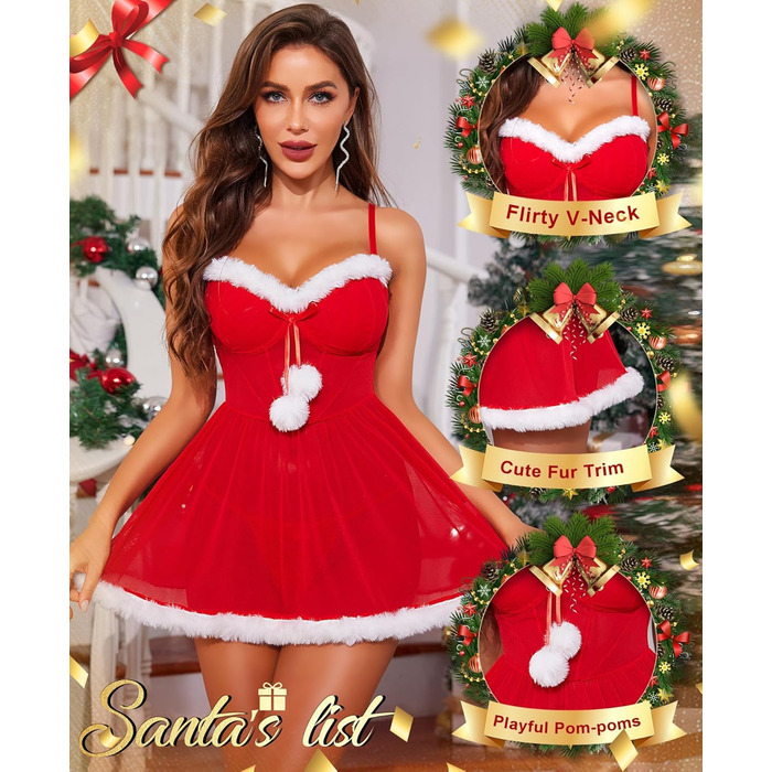 RSLOVE Сексуальна новорічна білизна для жінок - ніжна сорочка з помпонами з штучного хутра, святкова білизна, костюм XXL, червоний