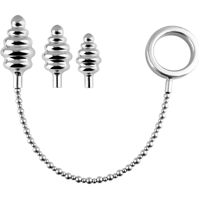 Набір металевих анальних розширювачів AMZABEE: 3 шт. (анальний плагін, ковпачок, ланцюжок) для BDSM, з нержавіючої сталі, спіральний та гладкий