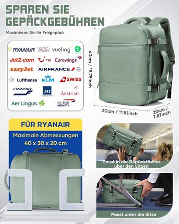 Рюкзак для ручної поклажі suradar 40x30x20 см для Ryanair та WizzAir, місткість 24Л, сумка для подорожей під сидіння літака з відділенням для ноутбука 15.4