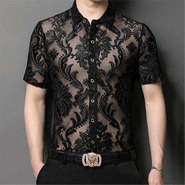 Чоловіча сорочка AWMew, мереживо, сітка, коротка, клубний стиль, чорна, розмір S