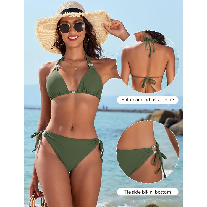 БІКІНІ Triange Bikini для жінок, комплект, сексуальний стрінг, купальник з високою талією, push-up, з перлами, танга, бавовна, XXL (зелений)