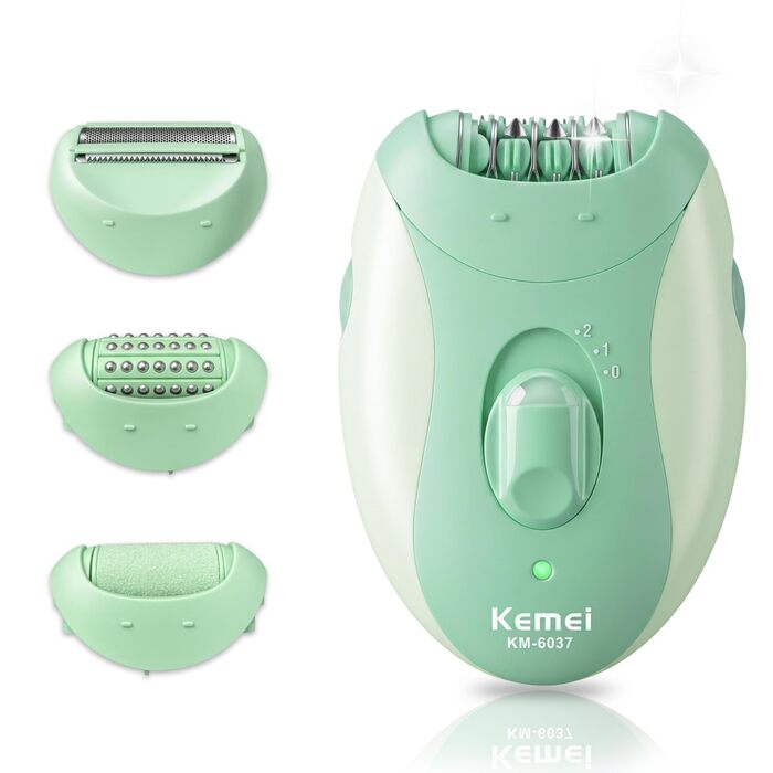 Епілятор KEMEI 4-в-1 для жінок: електричний голений апарат з LED-підсвіткою, 4 насадки (епіляція, гоління, масаж, видалення мозолів) для обличчя, пахв та бікіні, зелений