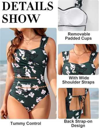 Світшот Badeanzug Damen: Одноцільний купальник з високою талією, Push Up, вінтажний, великі розміри, контроль живота, схуднення, пляжний, темно-зелений/рожевий з квітами