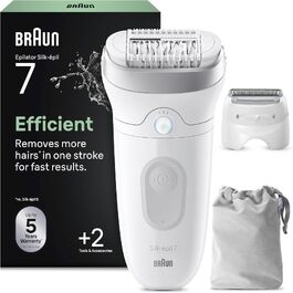 Епілятор Braun Silk-épil 7 (7-000) для жінок, електричний епілятор з широкою пінцетною головкою для вологого та сухого використання, білий/сріблястий