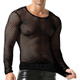 Чоловіча сітчаста футболка QiaTi з довгим рукавом, прозора, мереживна, чорна