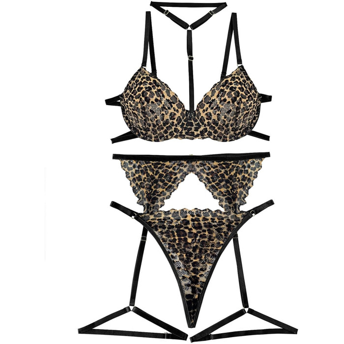 Сексуальний комплект нижньої білизни Lilosy з чокером, мереживо з квітковим візерунком, пуш-ап, стрінг, для жінок, прозорий бюстгальтер та трусики, 3-частинний, XXS, мереживний леопардовий принт
