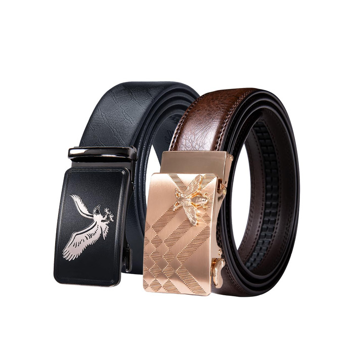 Чоловічий шкіряний ремінь Barry.Wang з автоматичною пряжкою (Black Brown Gold Bee), 130 см — класичний бізнес-подарунковий набір