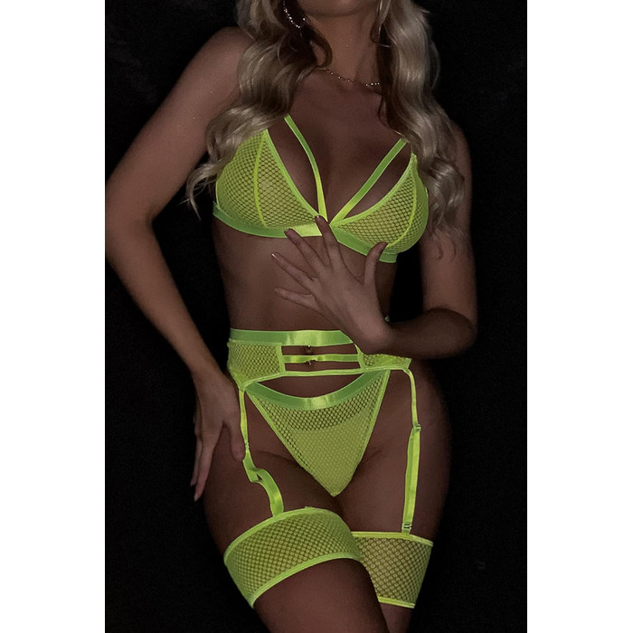 Сексуальний комплект нижньої білизни Aranmei для жінок, 4 частини: мереживний бюстгальтер, труси з високою талією, панталони та пояси, флуоресцентний зелений, XS
