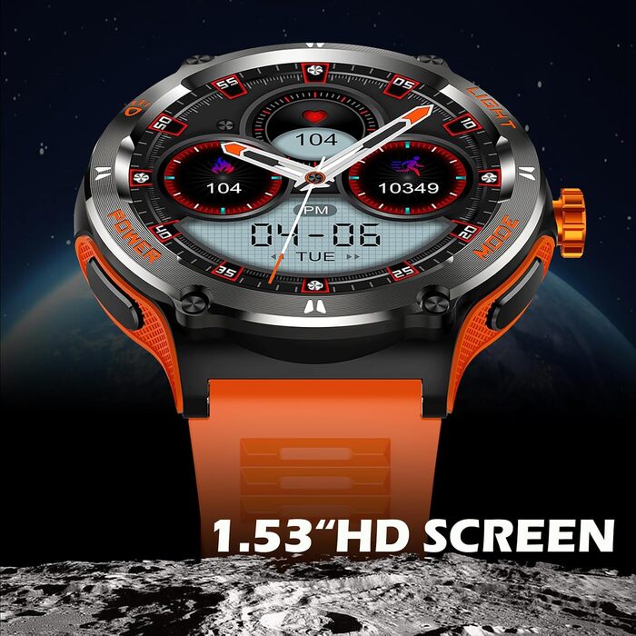 Смарт-годинник findtime Military — ударостійкий тактичний годинник з компасом, LED-ліхтариком, функцією дзвінків та моніторингом пульсу 24h, для Android та iOS (Помаранчевий)