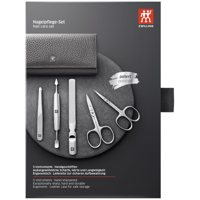 Набір для манікюру та педикюру ZWILLING Premium Edition (5 предметів), нержавіюча сталь, шкіряний футляр, сірий