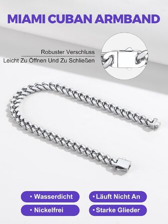 Чоловічий браслет Richsteel Cuban Link зі сталі 316L, ланцюг у стилі хіп-хоп (сріблястий, 5 мм, 23 см) — подарункова упаковка