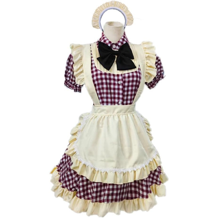 Сукня Лоліта в клітинку TTYAO REII з нагрудником, Короткий рукав, Костюм для косплею, Сукня для Хелловін, XXL, Темно-червоний, Бежевий