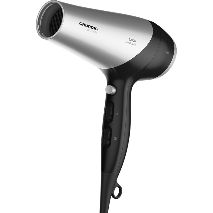 Фен для волосся Grundig HD 6080 B з іонізацією та дифузором, 2200 Вт, 3 температурні та 2 швидкісні режими, чорний/сріблястий