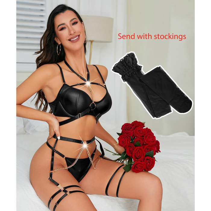 Сексуальна білизна жіноча комплект 7 частин: бюстгальтер, труси, стринги, пояс для панчіх, нагольник, панчохи, ланцюжок. Чорний, S